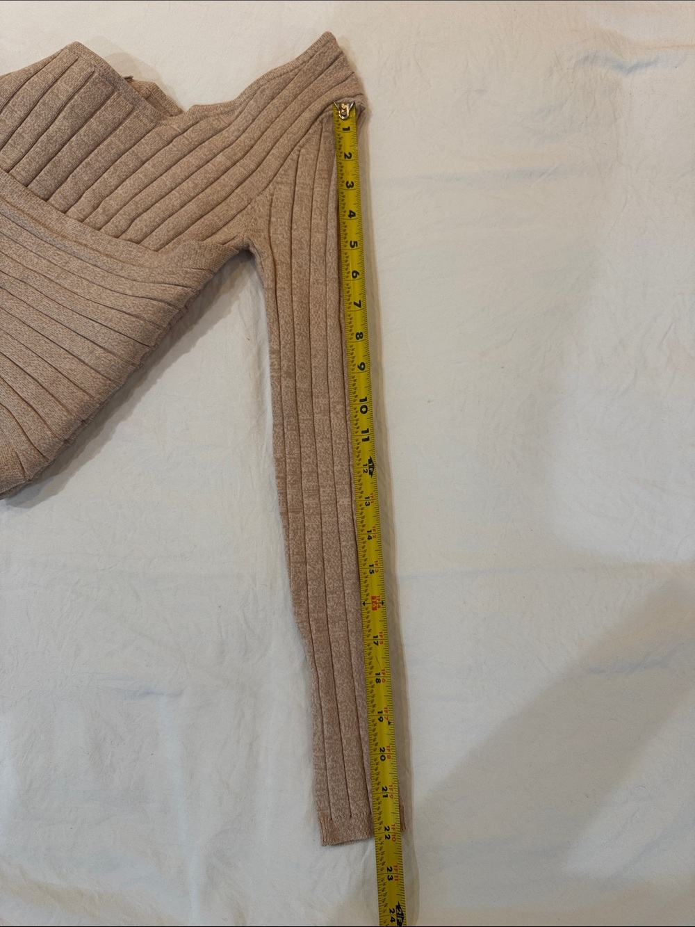 Ronny Kobo Rosette Oatmeal Asymmetrical Wrap Ribbed Knit Crop Top Neutral Date - Picture 13 of 13